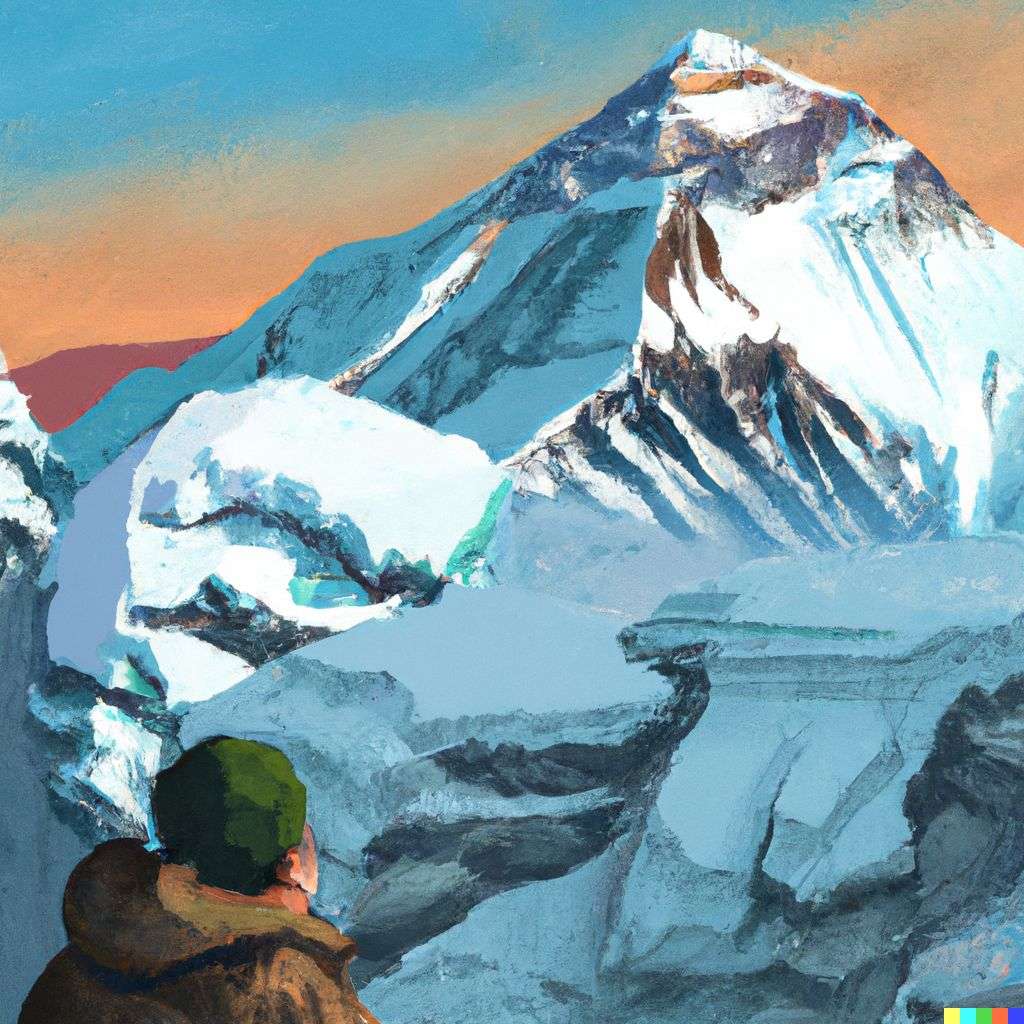 someone gazing at Mount Everest, digital art, 2.5D style